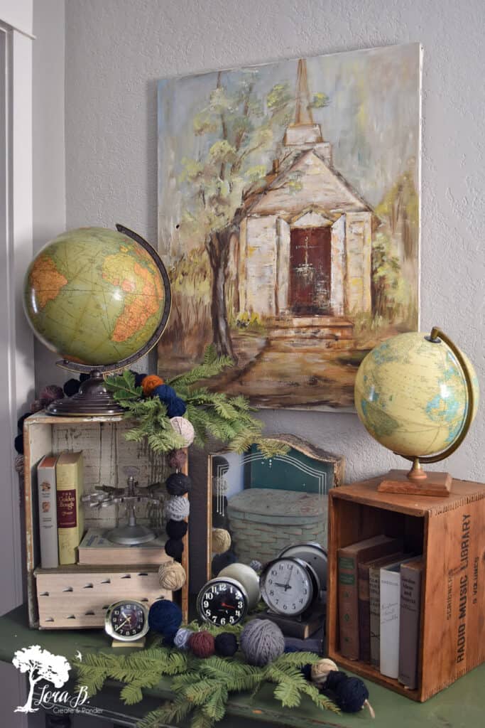 Vintage globes and clocks in decor