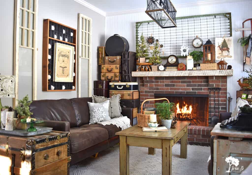 Winter living room decor with vintage collections