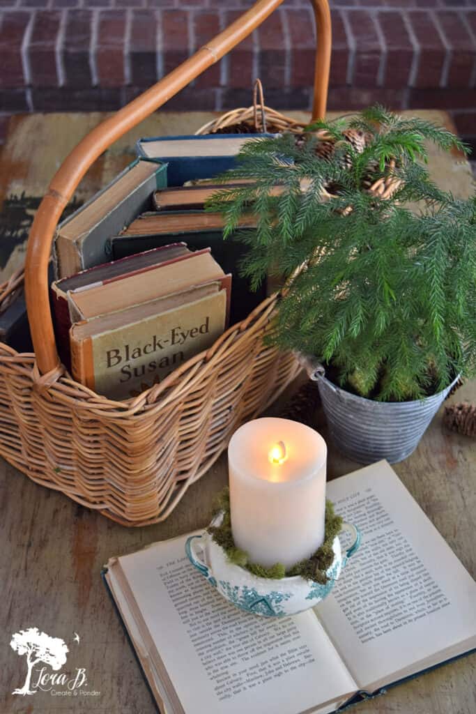 Winter coffee table vignette with vintage books and a candle