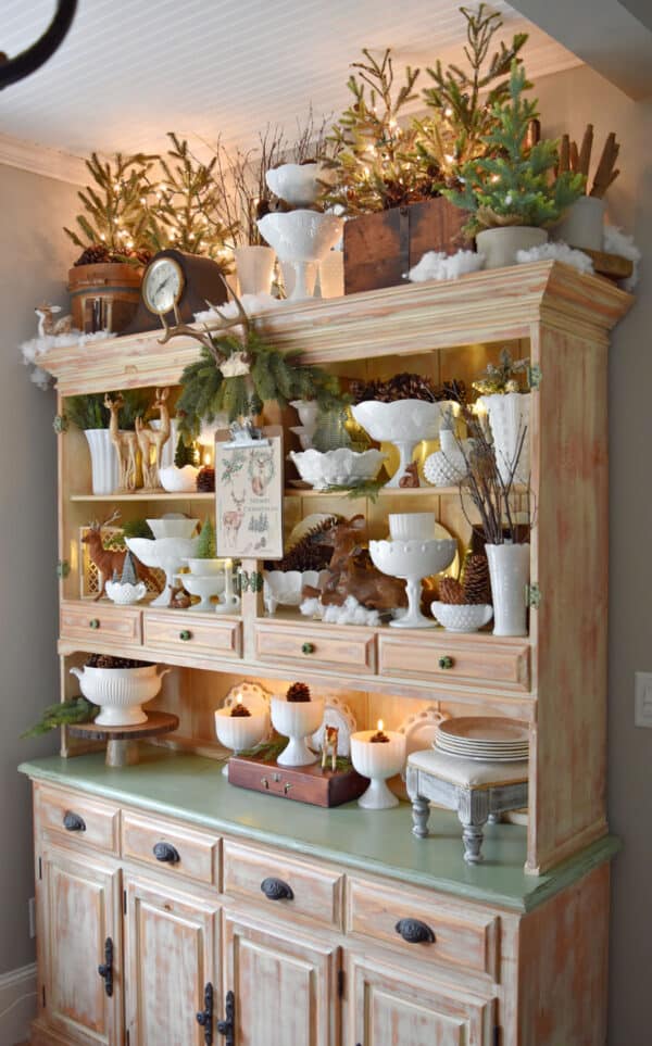 Woodland Inspired Christmas Hutch Decor with Vintage Milk Glass - Lora ...