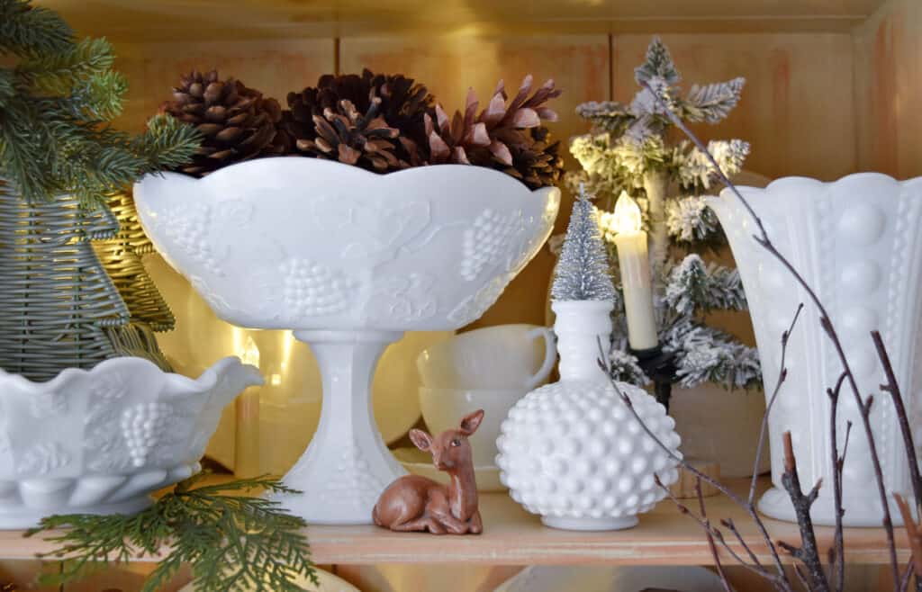 Milkglass collections display as winter decor.