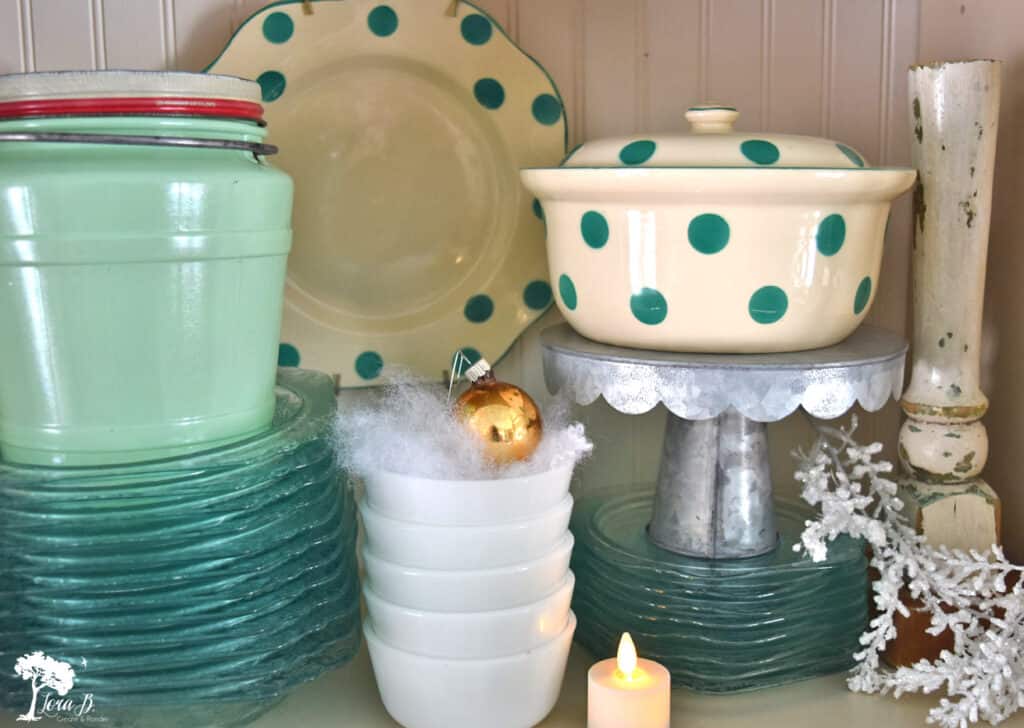 Vintage dishes decorate a Christmas kitchen