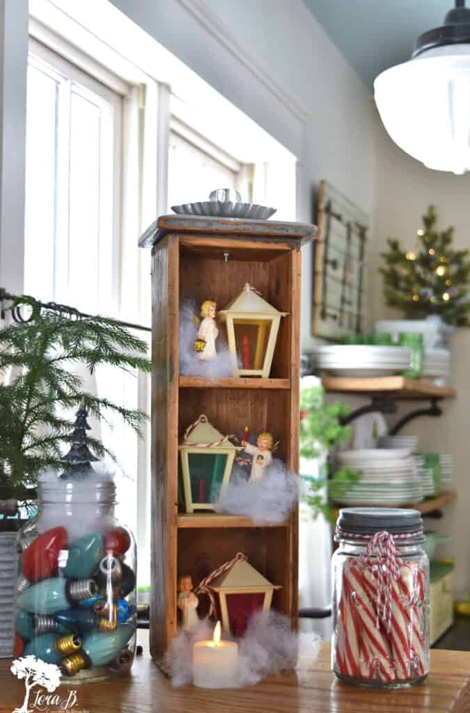 Plastic vintage decorations in a Christmas decorated kitchen