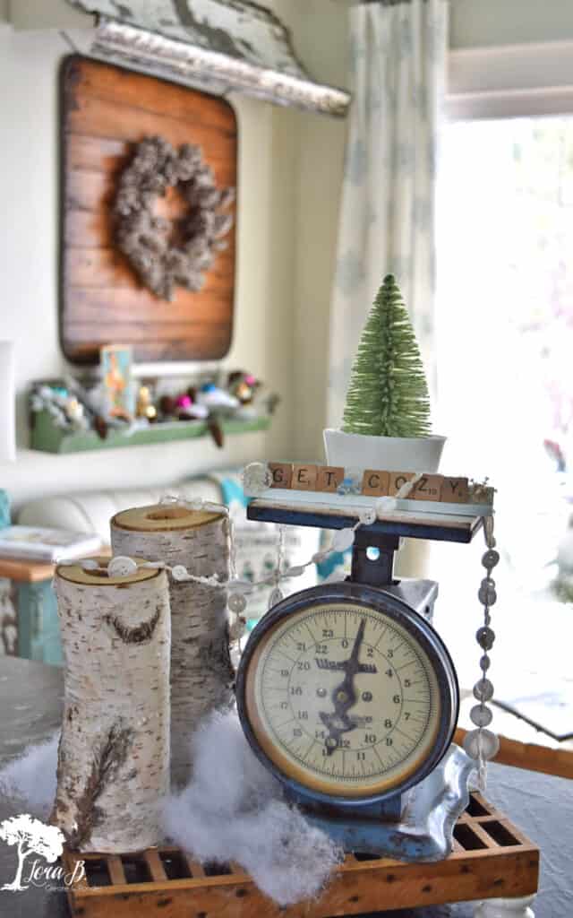 A vintage blue scale decorates a Christmas kitchen