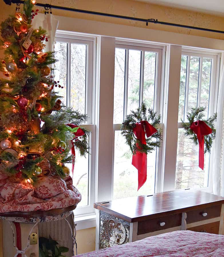 Vintage inspired Christmas decorated bedroom.