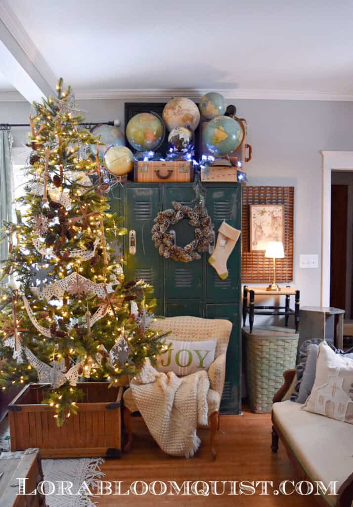 Christmas decorated living room with vintage globes.