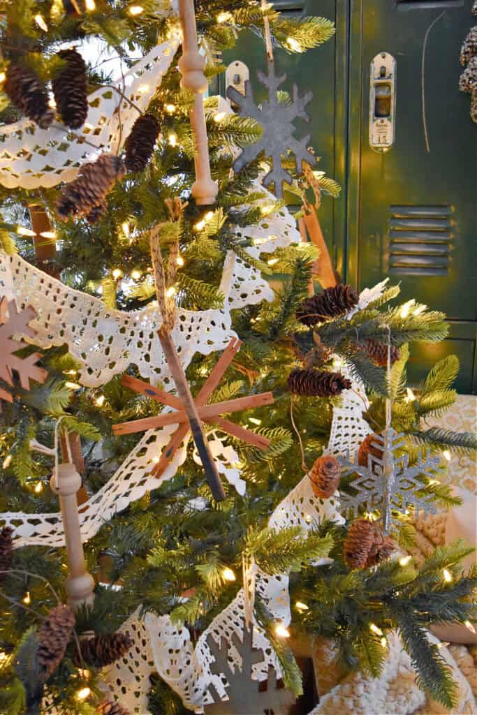 Christmas tree decorated with vintage crocheted lace