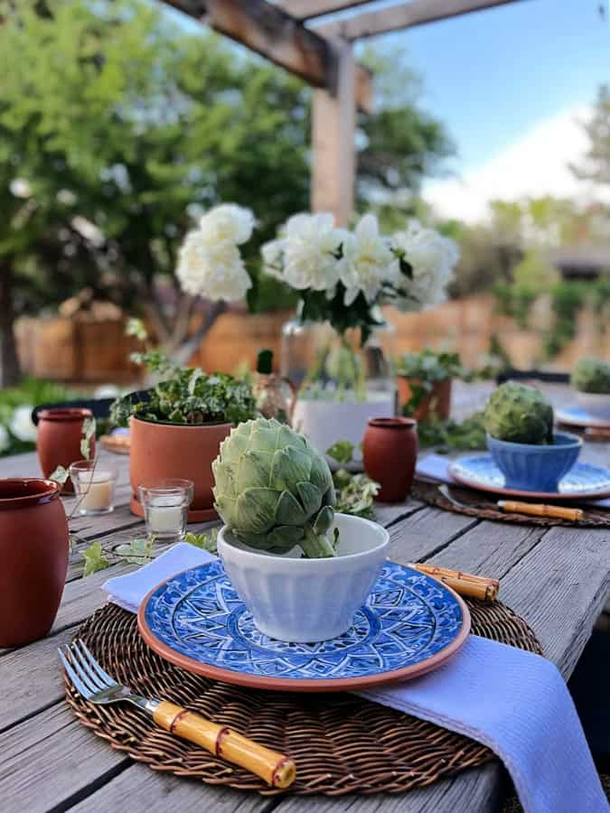 Blue and white outdoor table setting