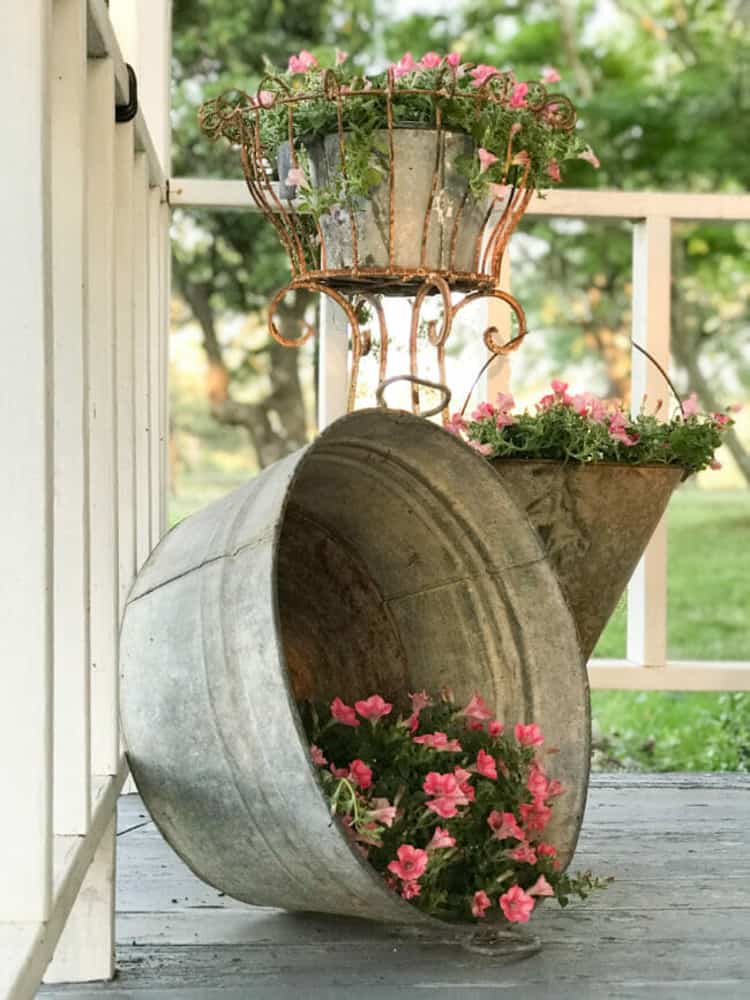 old washtub with flowers